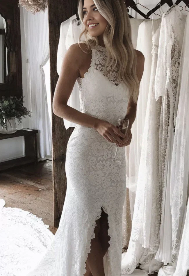 Vestidos de novia elegantes de sirena con espalda abierta y encaje largo con abertura lateral